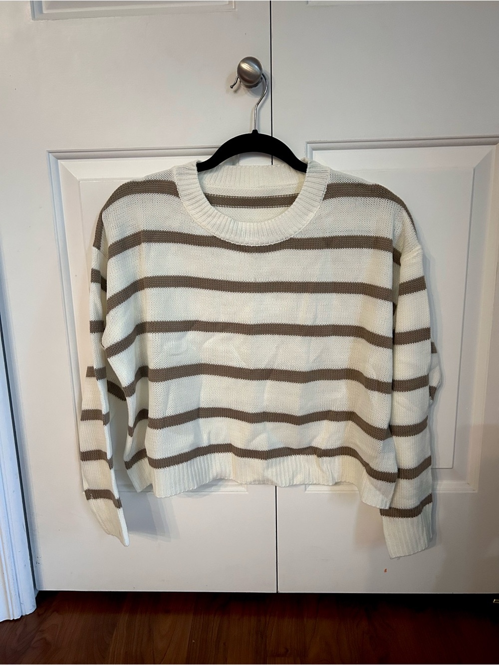 SHEIN Cream and Tan Striped Crewneck Sweater